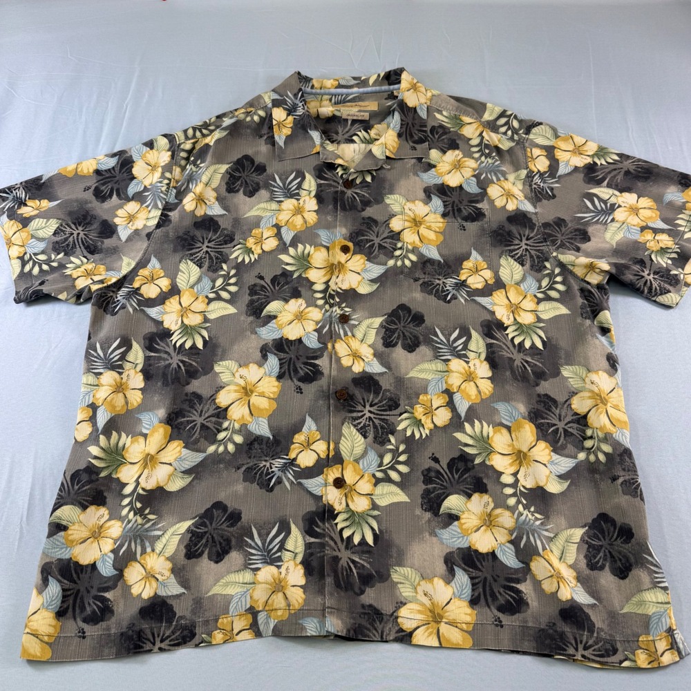 Tommy Bahama Mens 3XL Silk Camp Shirt Grey Yellow Tropical Hibiscus Aloha Print
